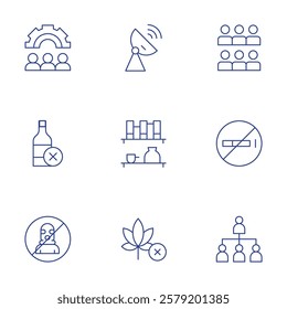 Hotel Management icons set. Thin Line style, editable stroke. shelf, TV satellite dish on bldg roof line, smoke free, drinking alcohol in public, guests, community manager.