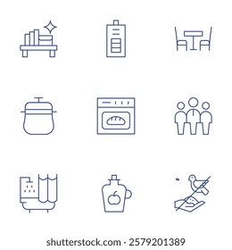 Hotel Management icons set. Thin Line style, editable stroke. oven, vinegar, battery, pigeon feeding, shelf, dining chair, guests, empty pot, bathtubshower.