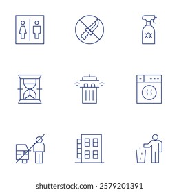 Hotel Management icons set. Thin Line style, editable stroke. long time, toilet, pest service roaches bed bugs, put trash in dumpster, crime free, clean dryer lint out each load.