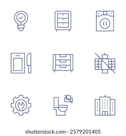 Hotel Management icons set. Thin Line style, editable stroke. cutting board, light bulb, dresser, clean dryer lint out each load, TV satelite dish outside.