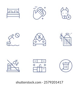 Hotel Management icons set. Thin Line style, editable stroke. cleaning kitchen counter, overfill dumpster, bed, pet free, loud music from car, jumping.