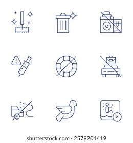 Hotel Management icons set. Thin Line style, editable stroke. clean up your trash, cleaning kitchen floor, drug free, no life guard, dont overload machine, working on car.