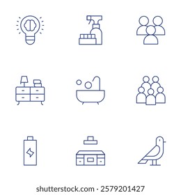 Hotel Management icons set. Thin Line style, editable stroke. abrasive detergent, battery, light bulb, pigeon, dresser, guests, coutnertop kitchen, bathtubshower.