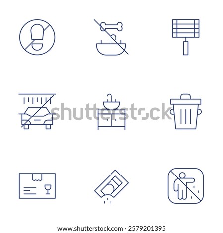 Hotel Management icons set. Thin Line style, editable stroke. kitchen sink, trash can kitchen, washing car, bbq, plastic glass bone, tresspassor.