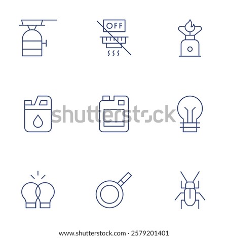 Hotel Management icons set. Thin Line style, editable stroke. dawn soap, light bulb, propane tank, bottle of cooking oil tightly and throw out in garbage, disable smoke alarm.