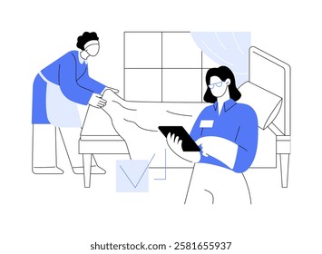 Hotel management isolated cartoon vector illustrations. Smiling hotel manager checking room, hospitality business, professional housekeeping management, hospitality sector vector cartoon.