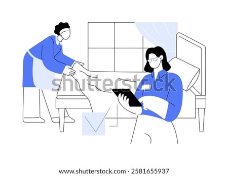 Hotel management isolated cartoon vector illustrations. Smiling hotel manager checking room, hospitality business, professional housekeeping management, hospitality sector vector cartoon.