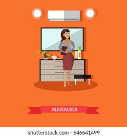 Hotel Manager Concept Vector Illustration. Young Woman Hotelier Or Lodging Manager Flat Style Design Element.