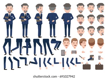 hotel manager creation set. animated character. Icons with different types faces and hair style, emotions, front, rear, side view of male person. Moving arms, legs.Vector Isolated on White background