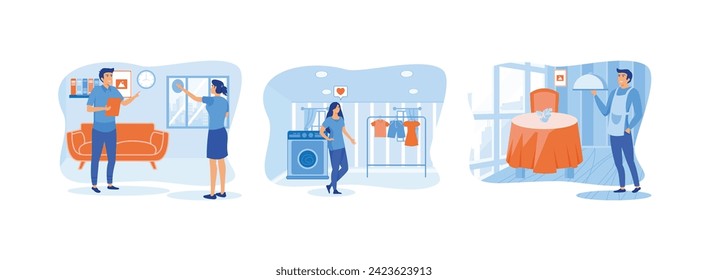 Hotel manager training staff. Female hotel staff laundry service.Hotel waiter serving a banquet. flat vector modern illustration 