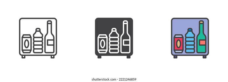 Hotel Mini Fridge With Bottles Different Style Icon Set. Line, Glyph And Filled Outline Colorful Version, Outline And Filled Vector Sign. Symbol, Logo Illustration. Vector Graphics