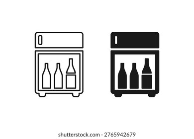 Hotel minibar fridge with beverage bottles icon