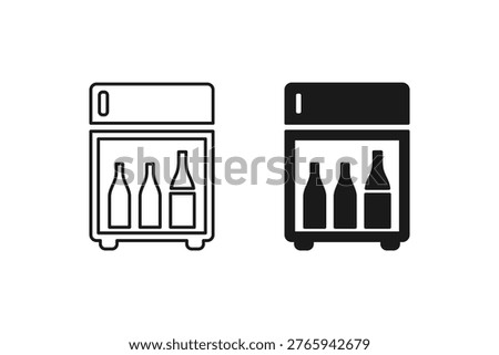 Hotel minibar fridge with beverage bottles icon