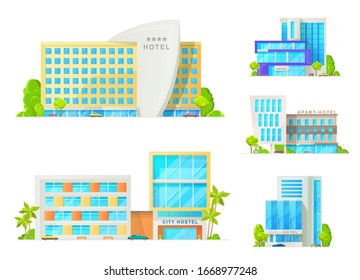 Hotel and motel buildings architecture isolated icons. Luxury apart hotel, city hostel apartments, resort with glass facade, parked cars and palm trees. Cartoon vector hotel buildings