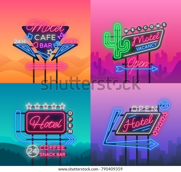 Hotel and Motel are collection of neon signs.\
Vector illustration. Collection of Retro signboards, billboard with\
an indication of hotel or motel, night neon advertisement of hotel,\
luminous banner