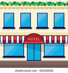 Hotel, motel, hostel facade flat icon. Vector illustration.