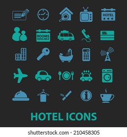 hotel, motel icons, signs, symbols, objects, illustrations set. vector