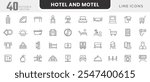 Hotel and Motel line icon set. Wellness, beach, tourism, hotel, passport, maps, spa, landscape, bedroom, sleep, bedtime, furniture line icon set. UI thin line icon pack.