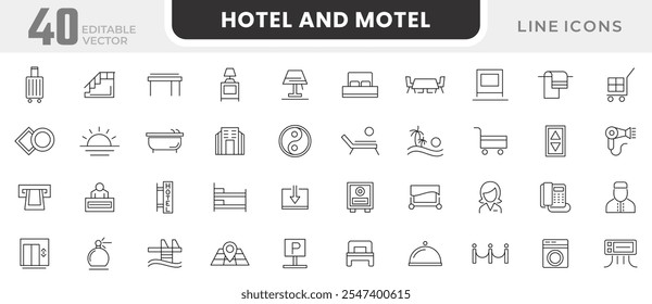 Hotel y Motel línea icono conjunto. Bienestar, playa, turismo, hotel, pasaporte, mapas, spa, paisaje, dormitorio, sueño, hora de dormir, línea de muebles conjunto de iconos. Paquete de iconos de línea delgada de interfaz de usuario.