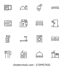 Hotel, motel line icons set, outline vector symbol collection, linear style pictogram pack. Signs, logo illustration. Set includes icons as fridge, shower, double bed, gym, restaurant food, towel