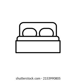 Hotel, motel or lodging thin line icon in black. Double bed on white background. Flat style isolated symbol, for: illustration, minimal, logo, mobile, app, emblem, design, web, ui, ux. Vector EPS 10