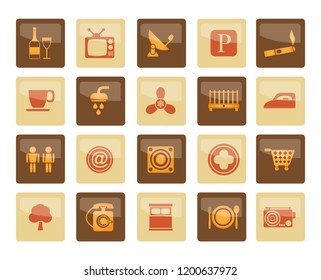 Hotel and Motel objects icons over brown background - vector icon set