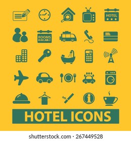 hotel, motel, room services isolated web icons, signs, illustrations concept design set, vector