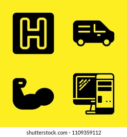 hotel, muscle, delivery truck and computer vector icon set. Sample icons set for web and graphic design