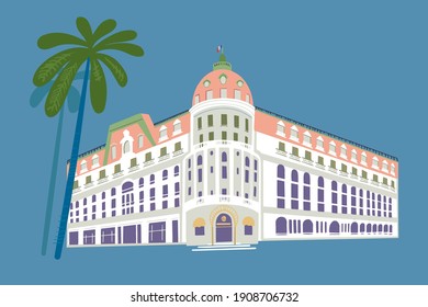 Hotel Negresco, Nice, France. A beautiful building in the neoclassical style. Vector illustration.