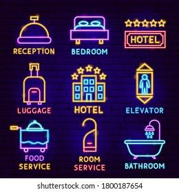 Hotel Neon Label Set. Vector Illustration of Business Service Promotion.