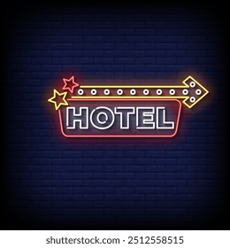 hotel neon sign vector with brick wall background 