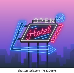 Hotel Is A Neon Sign. Vector Illustration. Retro Signboard, Billboard Indicating The Hotel, Nightlight Bright Neon Advertising Of The Hotel, Luminous Billboard, A Bright Banner For Your Projects