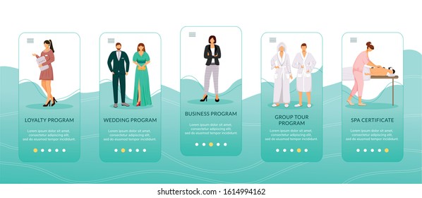 Hotel Offers Onboarding Mobile App Screen Vector Template. Walkthrough Website Steps With Flat Characters. Loyalty Program, Spa Certificate. UX, UI, GUI Smartphone Cartoon Interface Concept