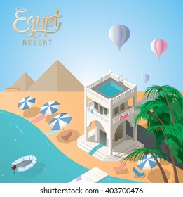Hotel on the beach. Egyptian resort on the Red Sea. Tropical landscape with pyramids, hotel on the beach, umbrellas, lounge chairs, palm trees and air balloons. Vector illustration isometric style