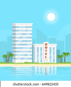 Hotel on the beach. Beach skyline concept. Summer vacation. Vector illustration in flat style.