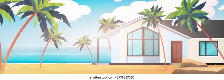 A hotel on a blue, clean and calm sea. Villa on a sandy beach with palm trees. Summer vacation concept. Vector illustration.