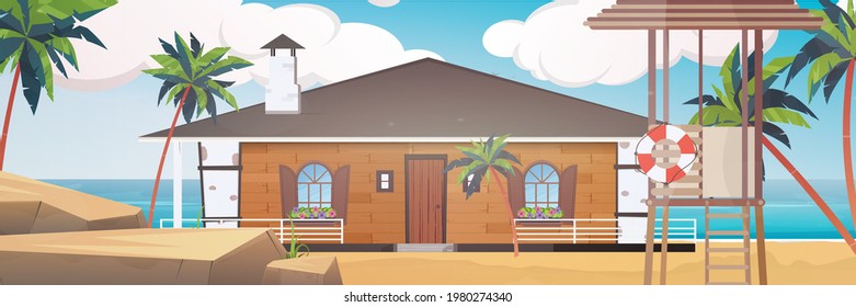 A hotel on a blue, clean and calm sea. Villa on a sandy beach with palm trees. Summer vacation concept. Vector illustration. Cartoon style.