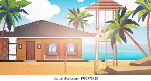 A hotel on a blue, clean and calm sea. Villa on a sandy beach with palm trees. Vector illustration.