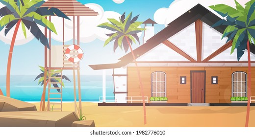A hotel on a blue, clean and calm sea. Villa on a sandy beach with palm trees. Summer vacation concept. Vector. Cartoon style.