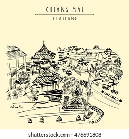 Hotel on Ratchamanka street in Chiang Mai, Thailand, Southeast Asia. Hand drawing. Vintage artwork. Travel sketch. Book illustration, touristic postcard or poster in vector