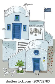 Hotel on Santorini island, Greece - cartoon