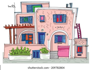Hotel on Santorini island, Greece - cartoon