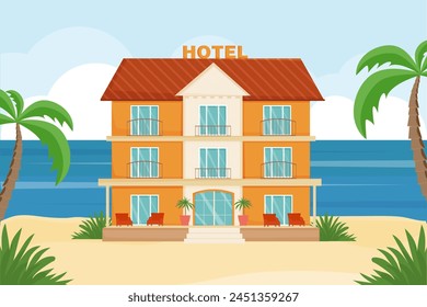 Hotel on the seashore. Summer landscape. Sea coast and hotel building. Resort, sanatorium, beach vacation, relaxation. Vector illustration.