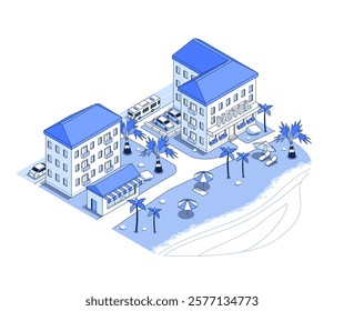 Hotel on the seashore - vector isometric illustration