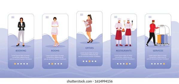 Hotel onboarding mobile app screen vector template. Walkthrough booking website steps with flat characters. Room reservation, special offer. UX, UI, GUI smartphone cartoon interface concept