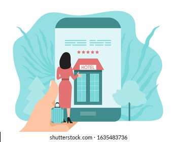 Hotel online booking application concept. Hand holding smartphone with hotel buiding on screen. Woman books hotel room online