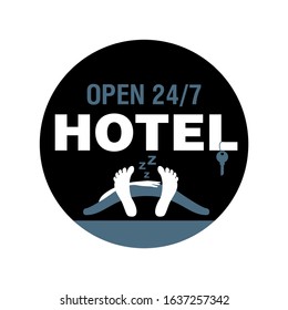 Hotel Open 24/7 logo - circlular street sign with  sign with bedroom key and sleeping snoring character - cute humorous hotel emblem 