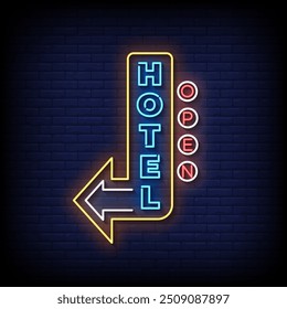 hotel open neon sign vector with brick wall background 