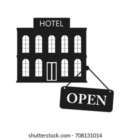 The hotel is open sign. Vector black icon on white background