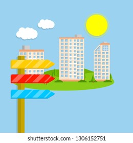 Hotel for outdoor recreation. Arrow pointer to the direction of the road to the resort. Summer season. A group of three tall houses. Urban landscape. Cartoon flat illustration